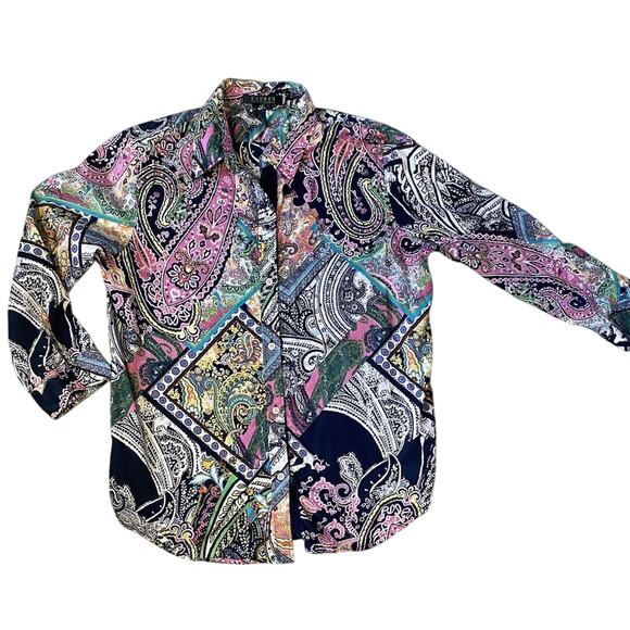 Ralph Lauren LRL Blouse Womens Medium 100% Cotton AOP Paisley Multicolor Shirt - Picture 9 of 9